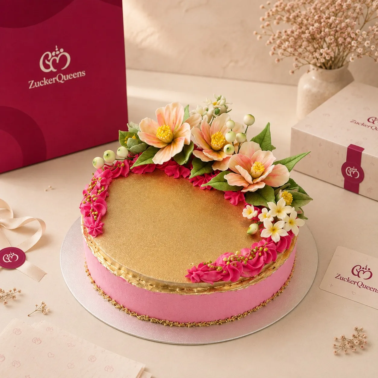 Rosa Torte mit floraler Dekoration und ZuckerQueens Verpackung